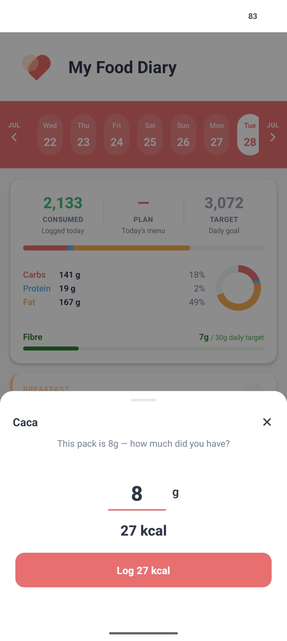 nYOOtrition quantity screen — Caca, an 8g pack logged at 27 kcal, with a Log 27 kcal button over the Food Diary