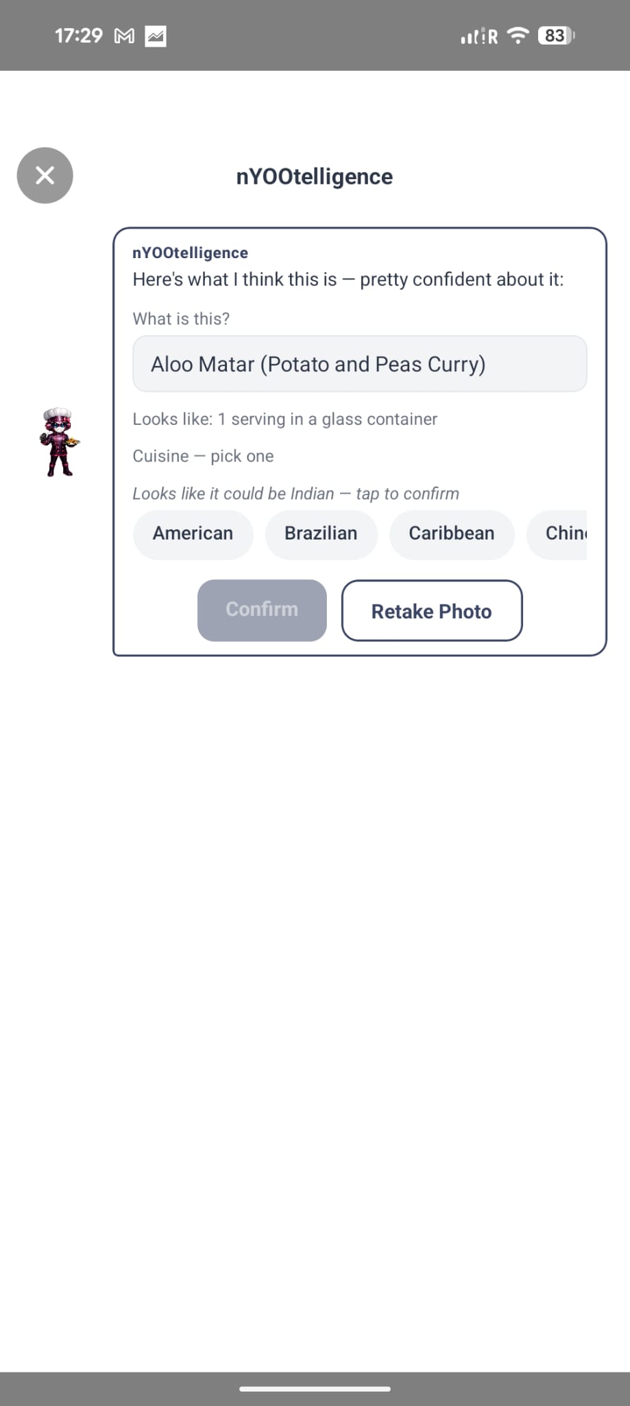 nYOOtelligence result screen — identified as Aloo Matar (Potato and Peas Curry), with a mandatory cuisine confirmation pill reading 'Looks like it could be Indian — tap to confirm'