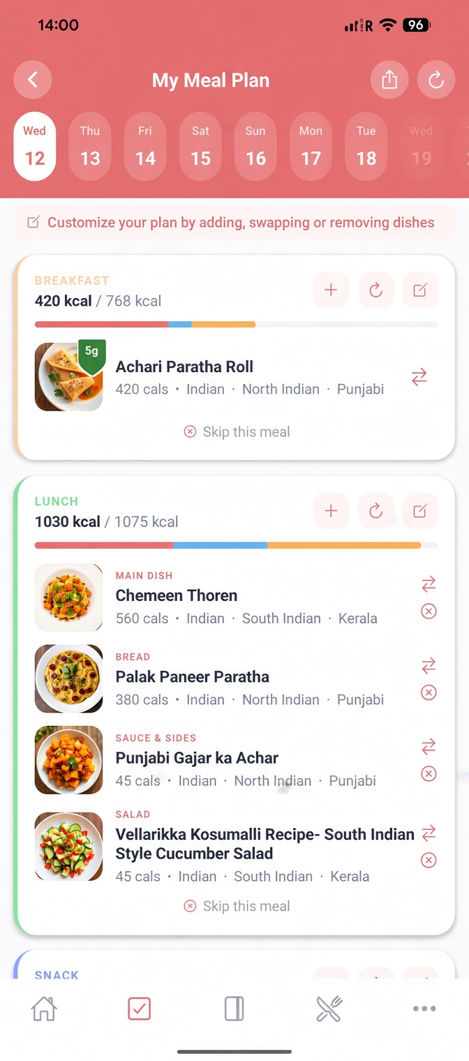nYOOtrition meal plan showing dishes tagged by region — Achari Paratha Roll (Indian · North Indian · Punjabi), Chemeen Thoren (Indian · South Indian · Kerala), Palak Paneer Paratha (Indian · North Indian · Punjabi)