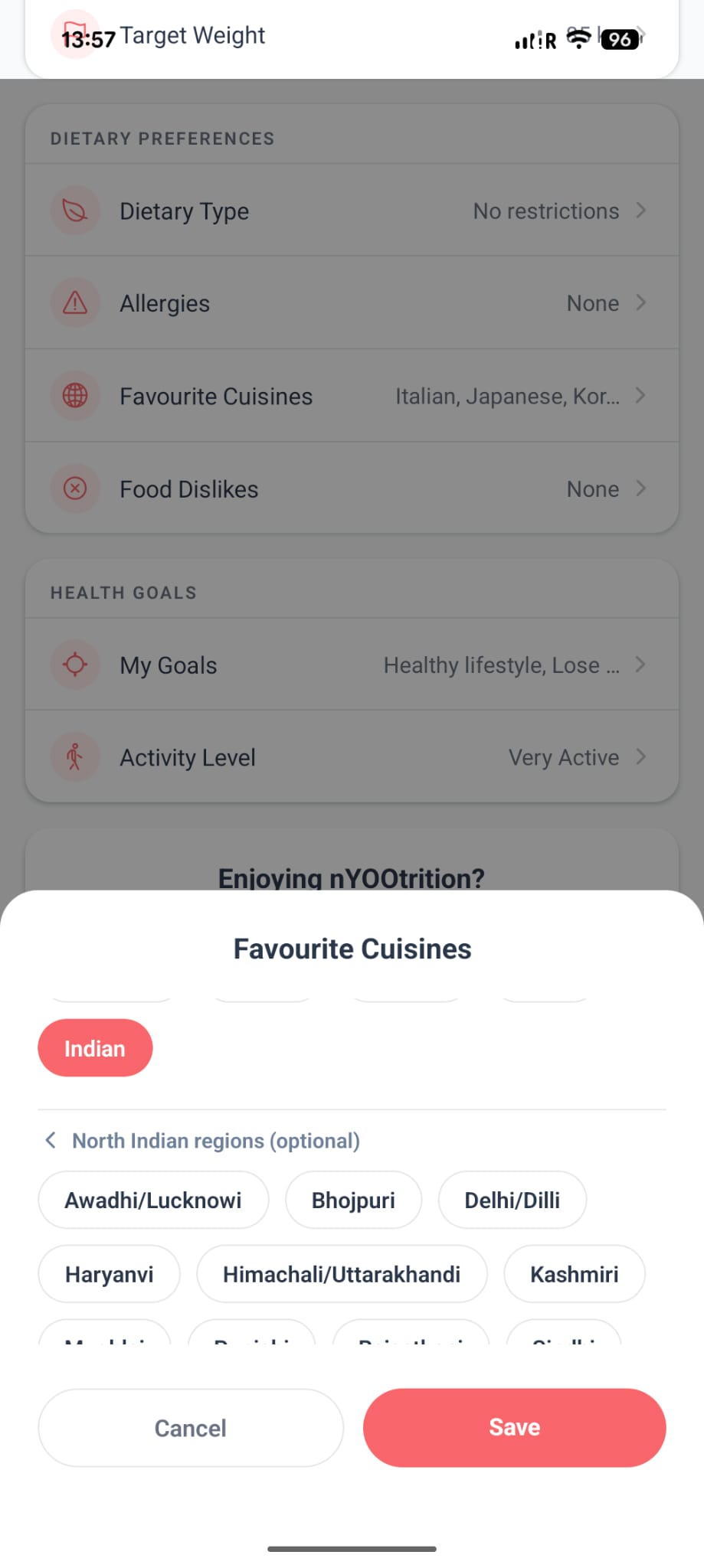 nYOOtrition's cuisine picker — Indian selected, North Indian regions shown as individual chips (Awadhi/Lucknowi, Bhojpuri, Delhi/Dilli, Haryanvi, Himachali/Uttarakhandi, Kashmiri)